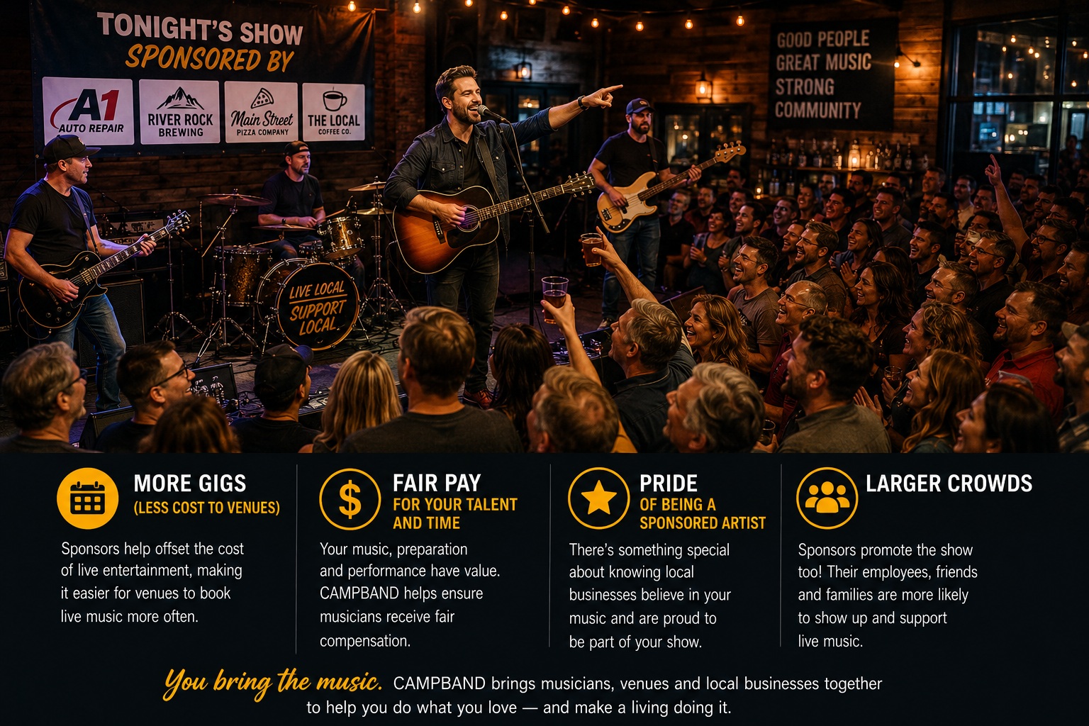 CAMP BAND™ musician benefits: more gigs, fair pay, pride of being a sponsored artist, and larger crowds