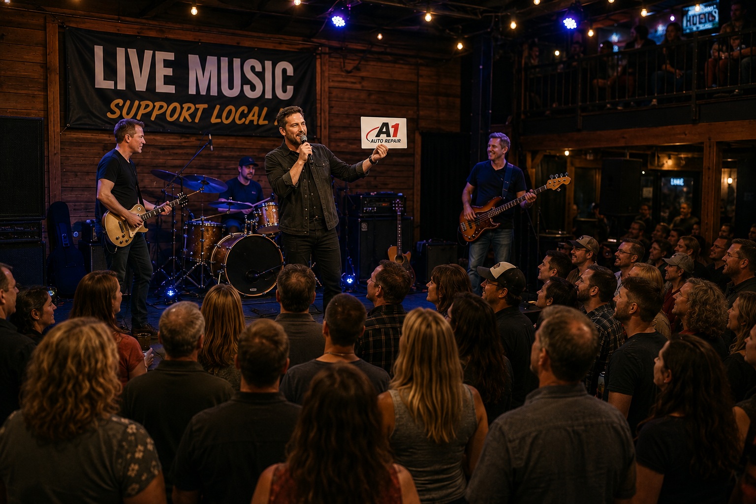 Live musician recognizing a local business sponsor in front of an engaged audience